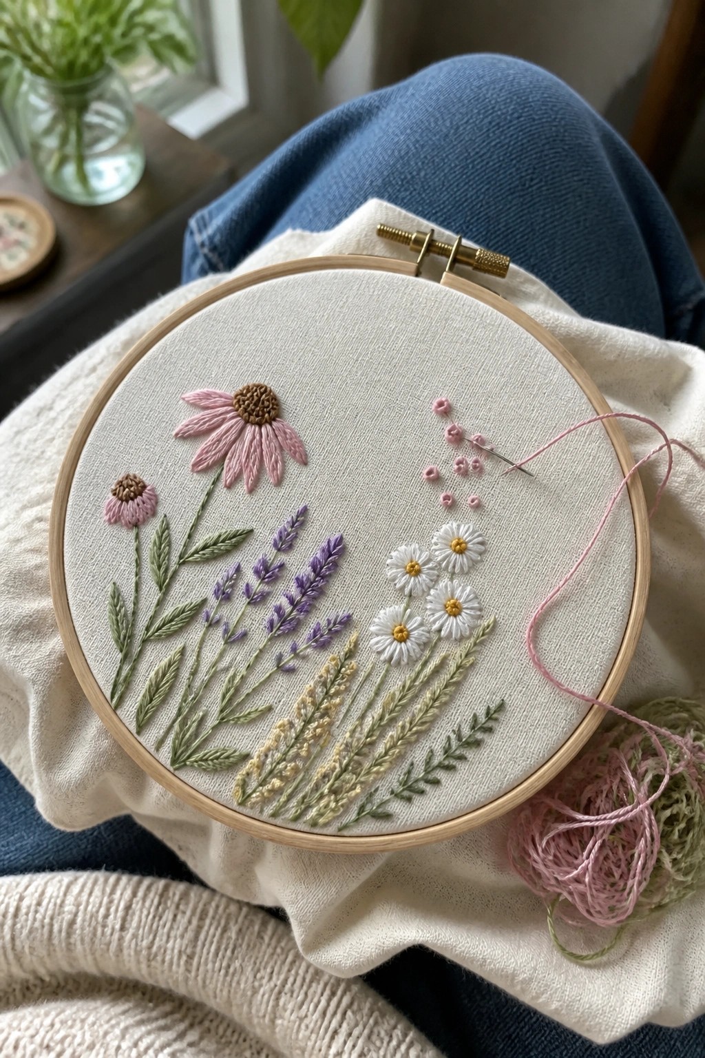 Embroidery hoop with pink purple white flowers needle and thread on denim lap
