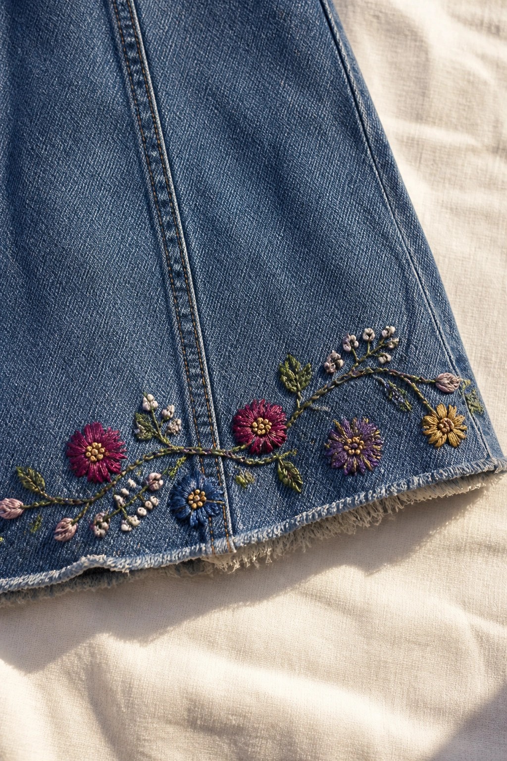 Blue denim garment hem with colorful floral embroidery and frayed edge on white fabric.