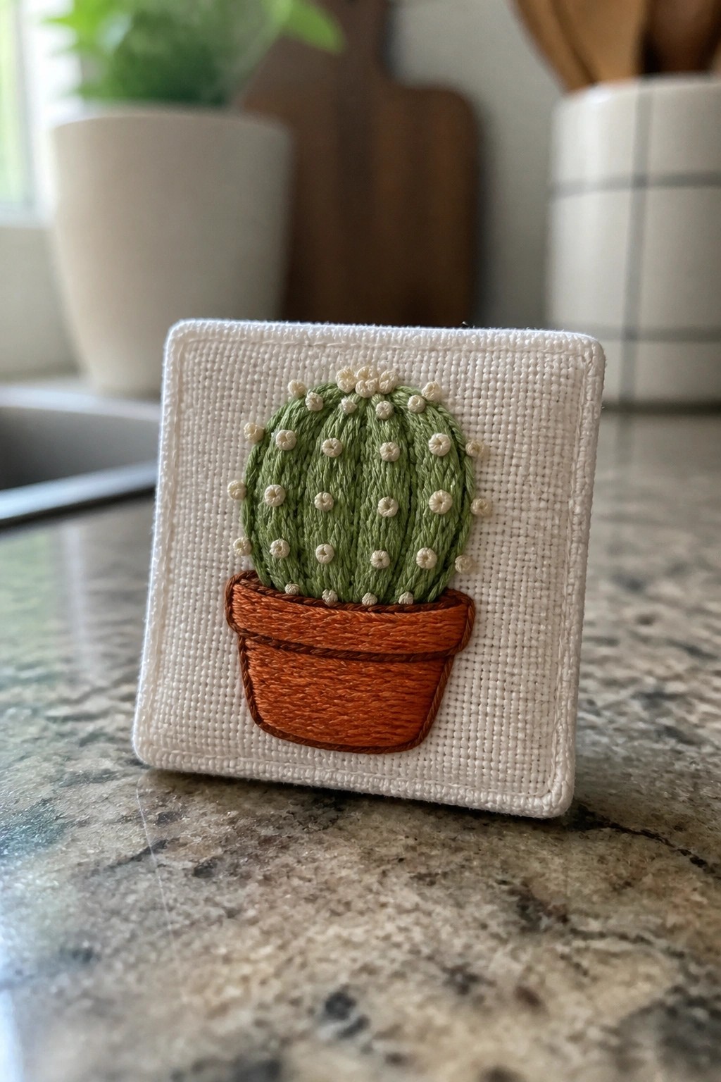 Embroidered green cactus with white dots in orange pot on white fabric