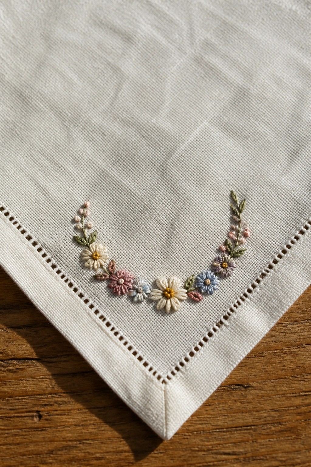 Pastel floral embroidery on white linen fabric corner with hemstitched edge