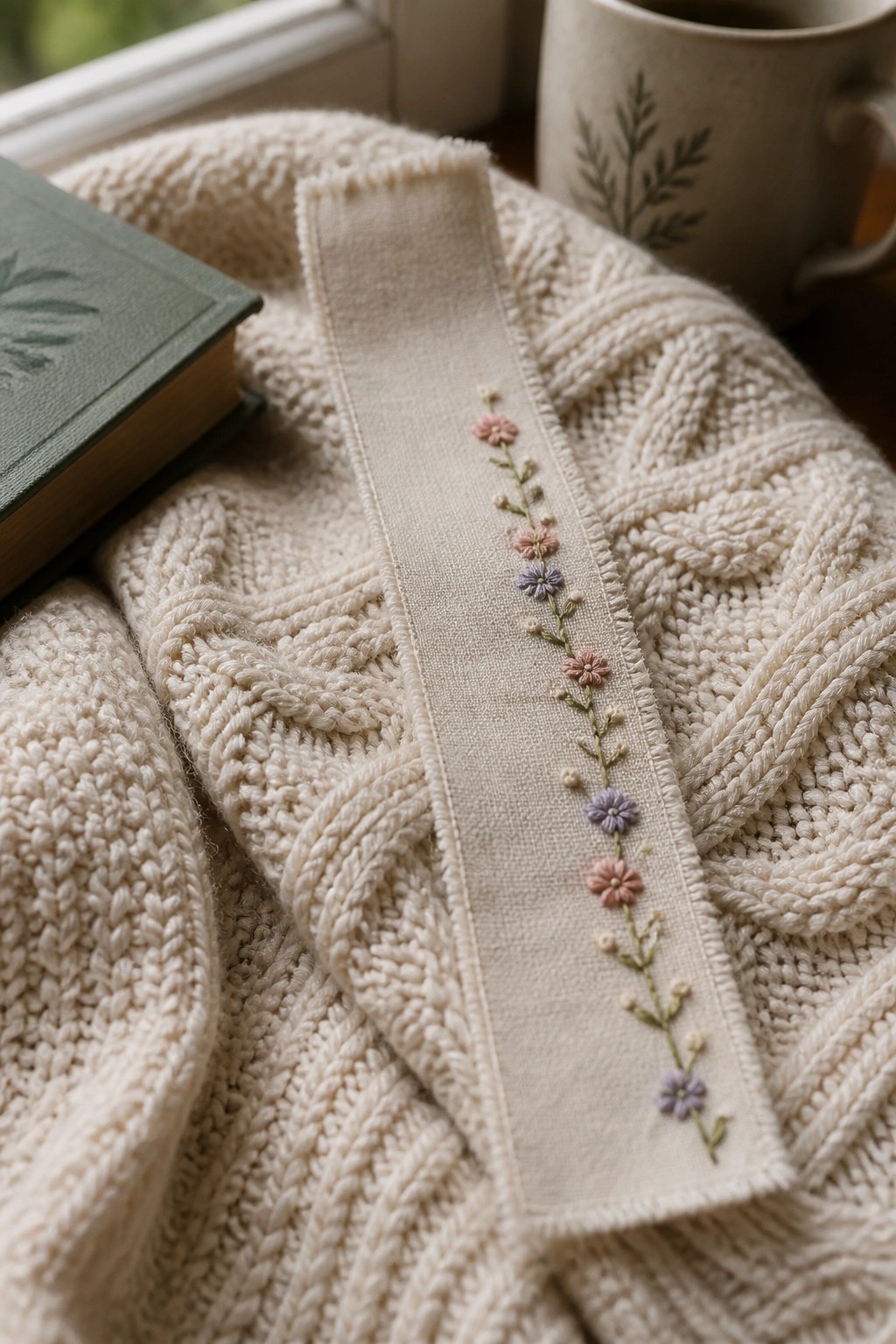 Floral embroidered bookmark on cream cable-knit sweater beside green book and mug