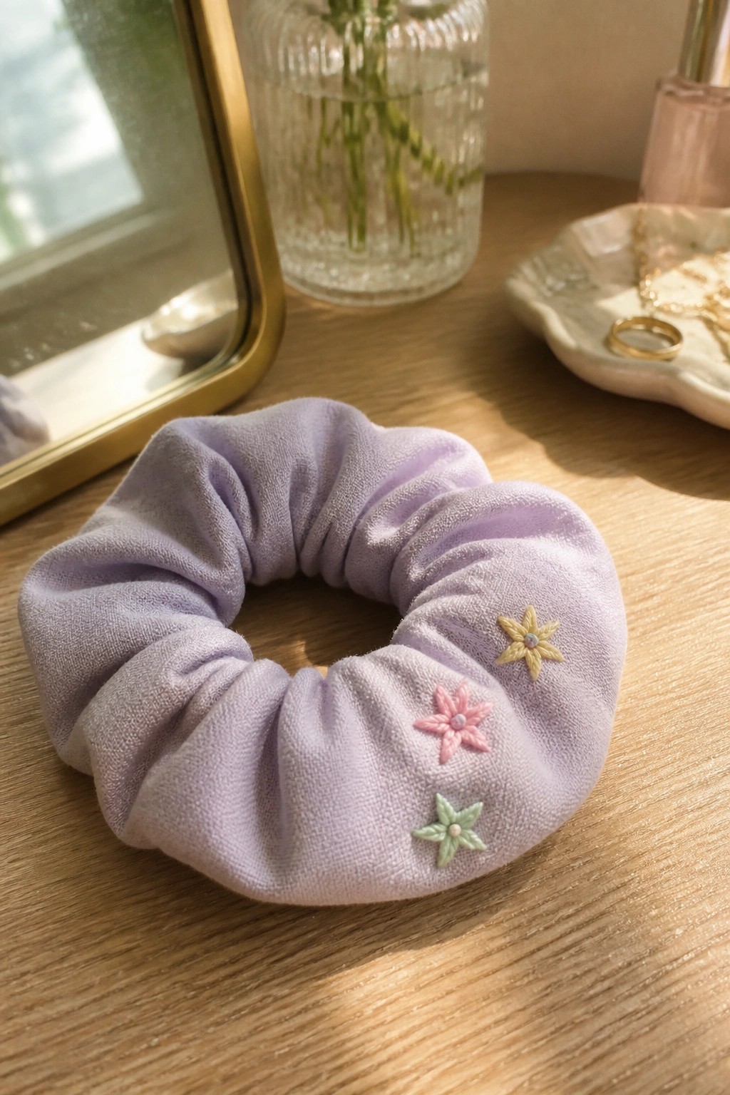 Lavender scrunchie with pink, green, and yellow star embroidery on wood table