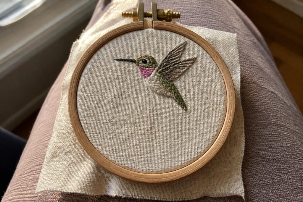 Small wooden embroidery hoop holding off-white fabric with a stitched hummingbird in green, red, white, and gray threads.