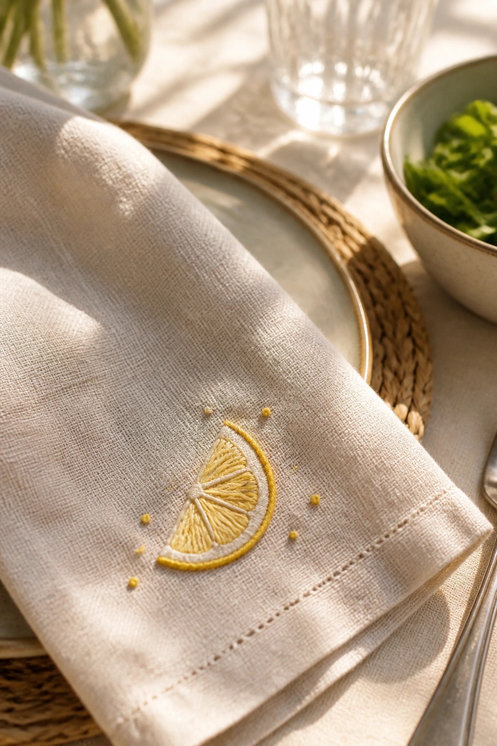 Beige linen napkin embroidered with yellow lemon slice and dots in sunlight