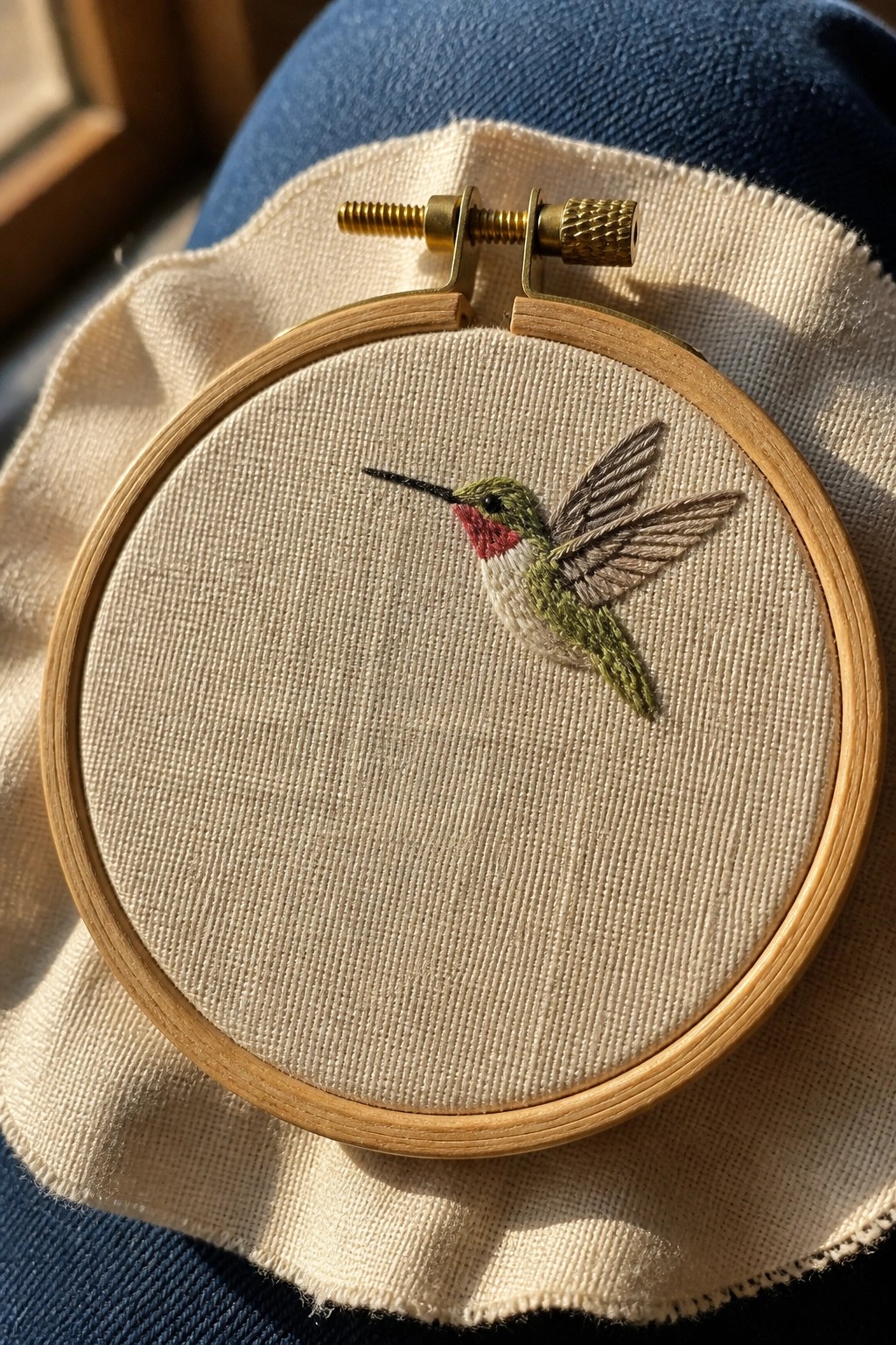 Small wooden embroidery hoop holding off-white fabric with a stitched hummingbird in green, red, white, and gray threads.
