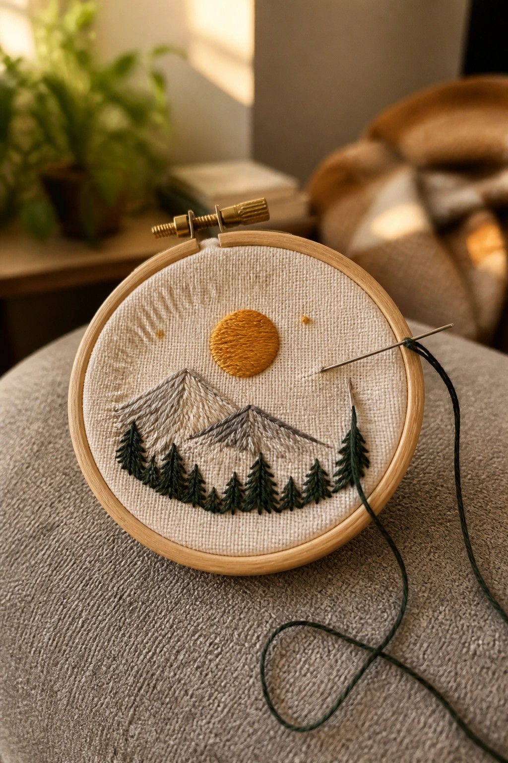 Wooden hoop with embroidered mountains, pine trees, golden sun, and needle with green thread