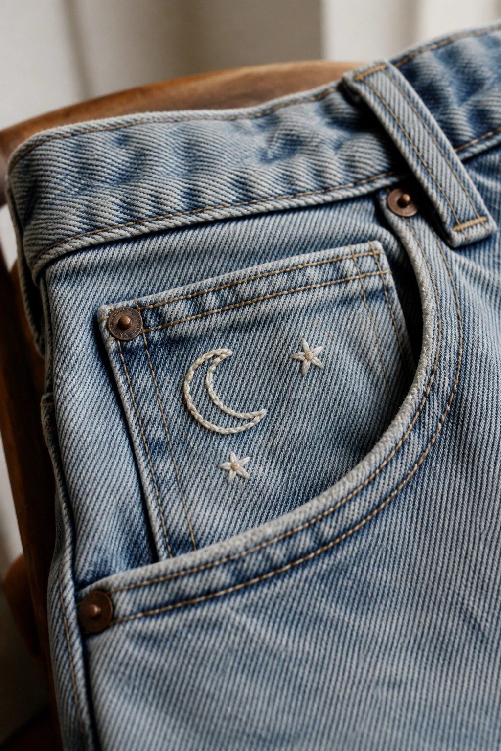 Close-up of light blue denim jeans with white crescent moon and stars embroidery on pocket.