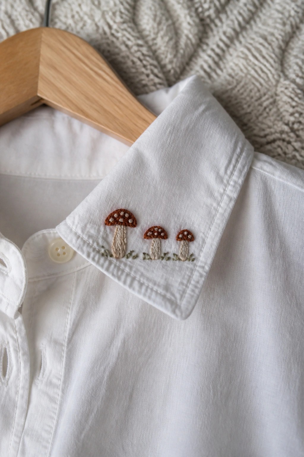 White shirt collar embroidered with three brown mushrooms on wooden hanger