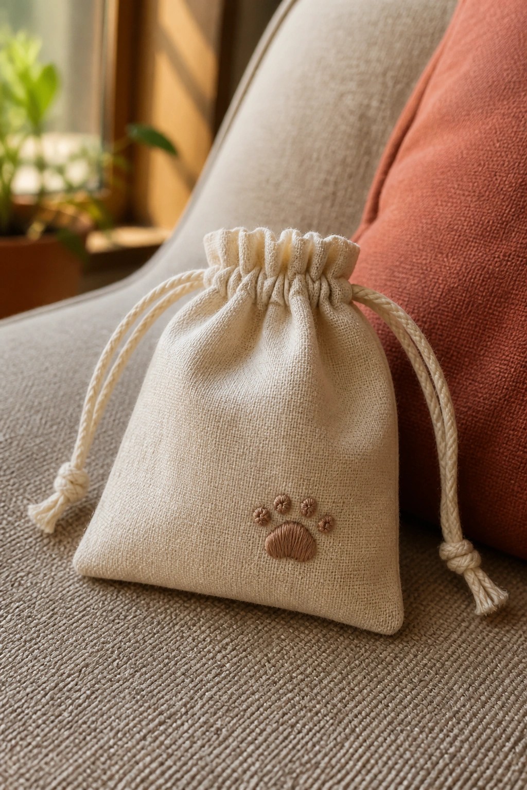 A small beige drawstring pouch with a brown embroidered paw print on the front sits on a fabric surface.