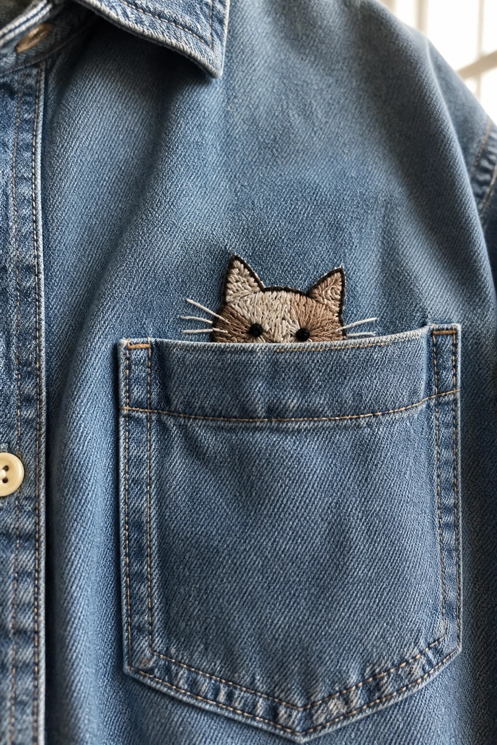 Blue denim shirt pocket with embroidered cat face peeking out