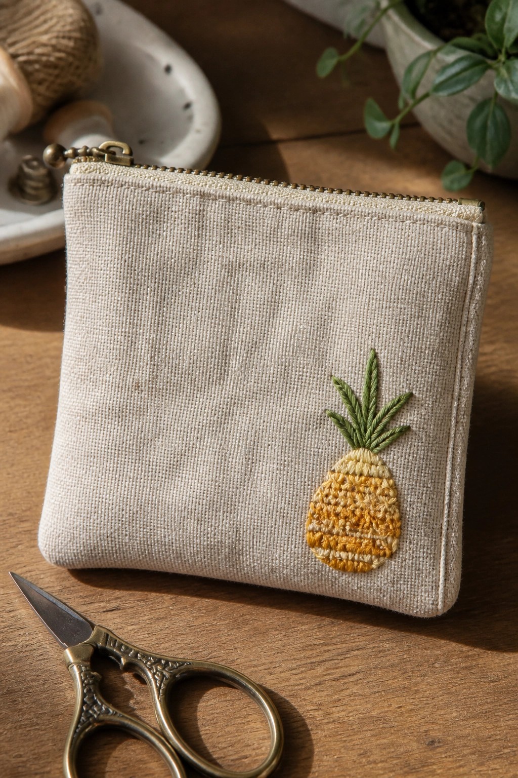 Beige zippered pouch with embroidered pineapple beside ornate scissors on wood table
