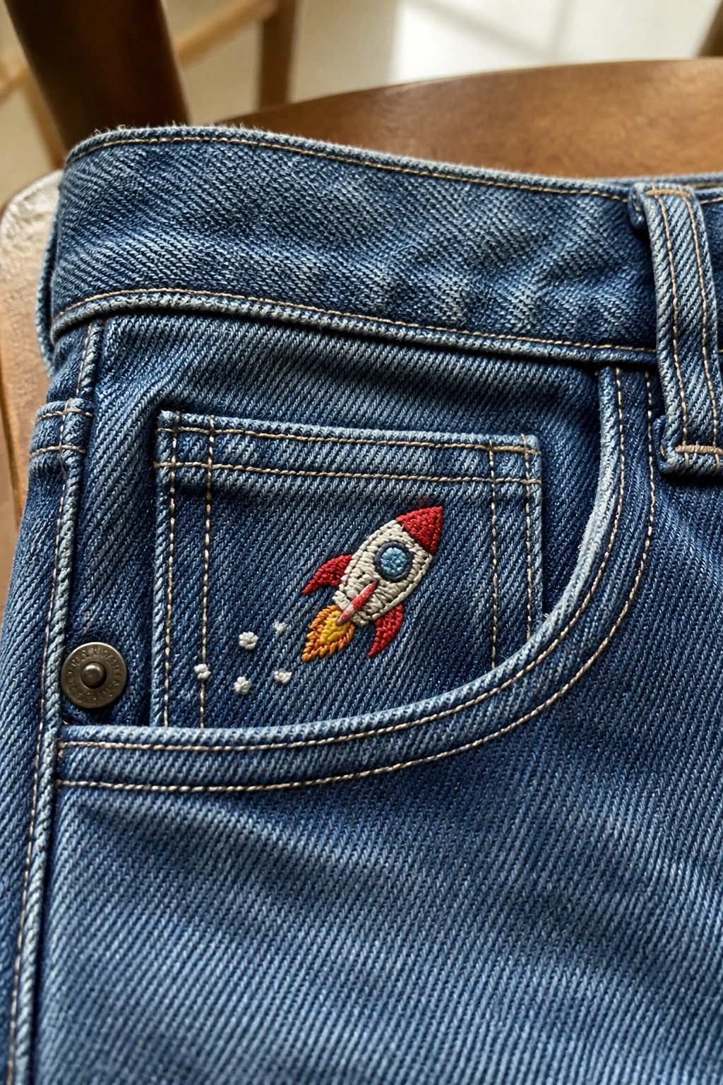 Blue denim jeans with colorful rocket embroidery on small front pocket