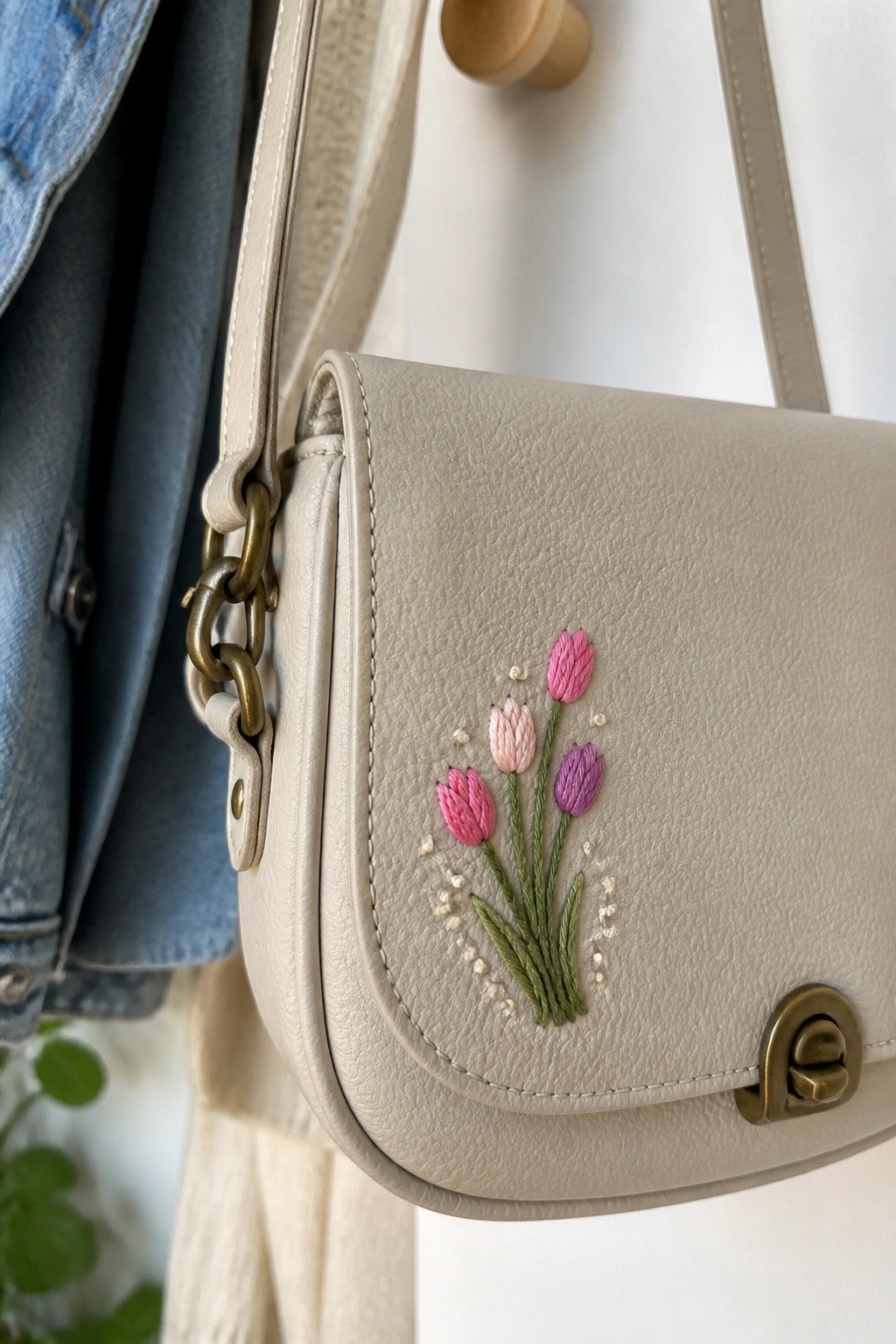 Beige leather handbag with pink and purple tulip embroidery beside blue denim jacket