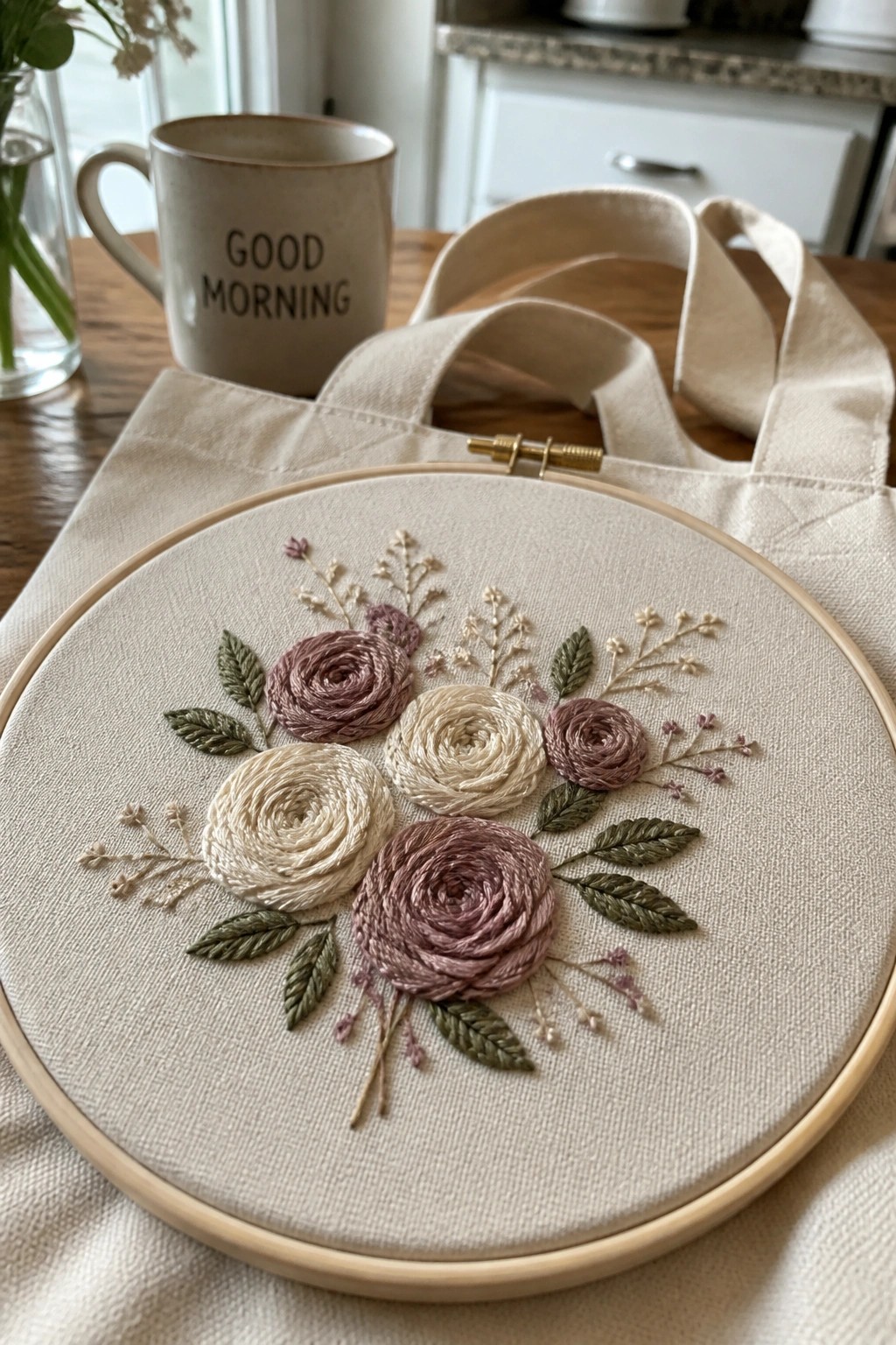 Floral embroidery hoop with pink roses on beige tote bag beside good morning mug