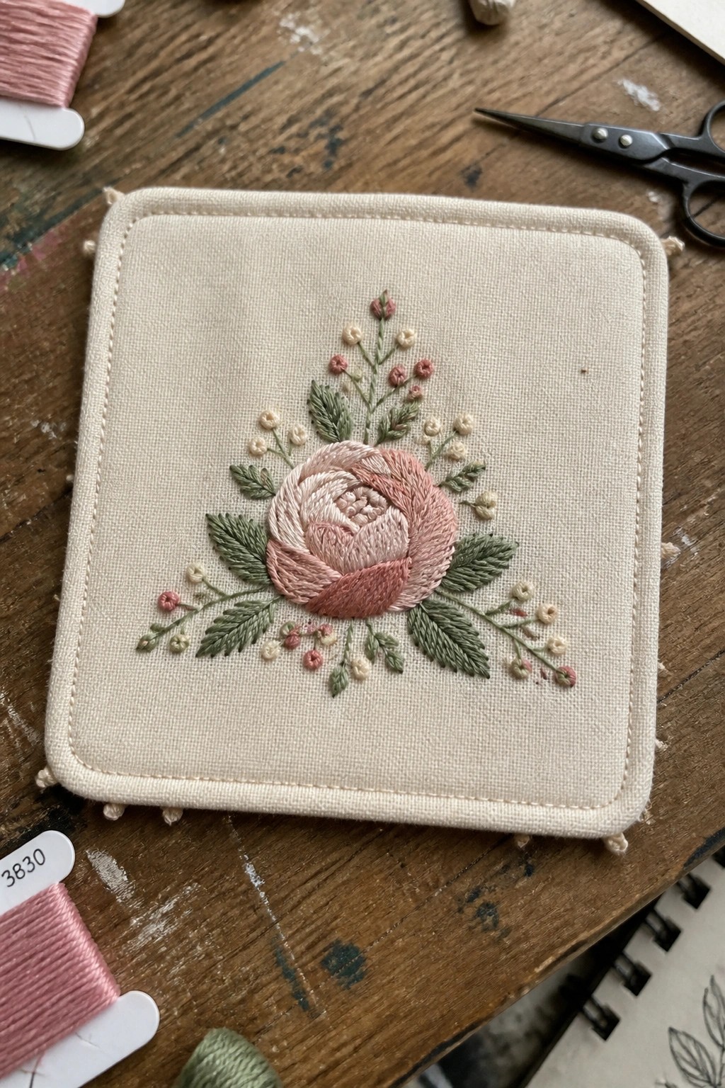 Pink rose embroidery with green leaves on square beige fabric atop wooden table