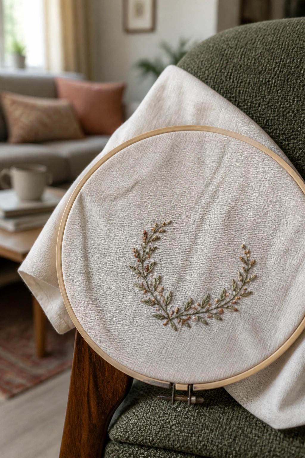 Wooden hoop with embroidered leafy wreath on white fabric atop green chair