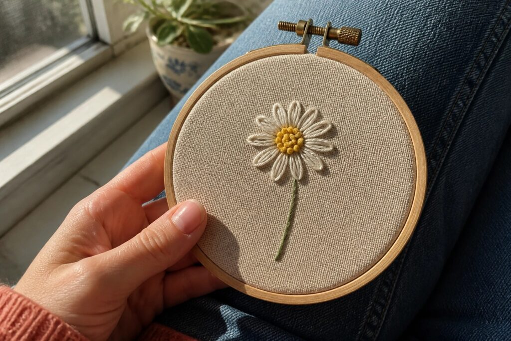 Wooden hoop with white daisy embroidery and green stem on blue denim jeans