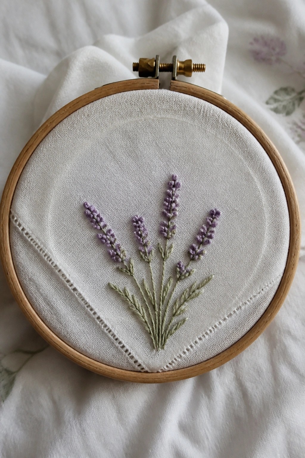 Embroidery of three lavender stems with purple flowers and green leaves centered in a wooden hoop on white fabric.