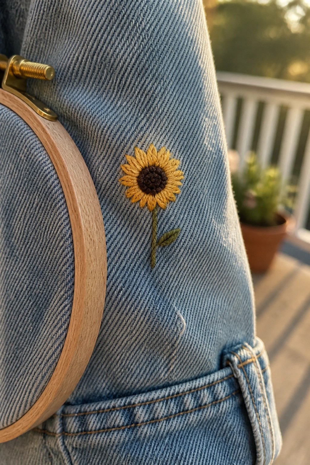 A small sunflower embroidery with yellow petals, brown center, green stem and leaf on blue denim fabric held in a wooden hoop.