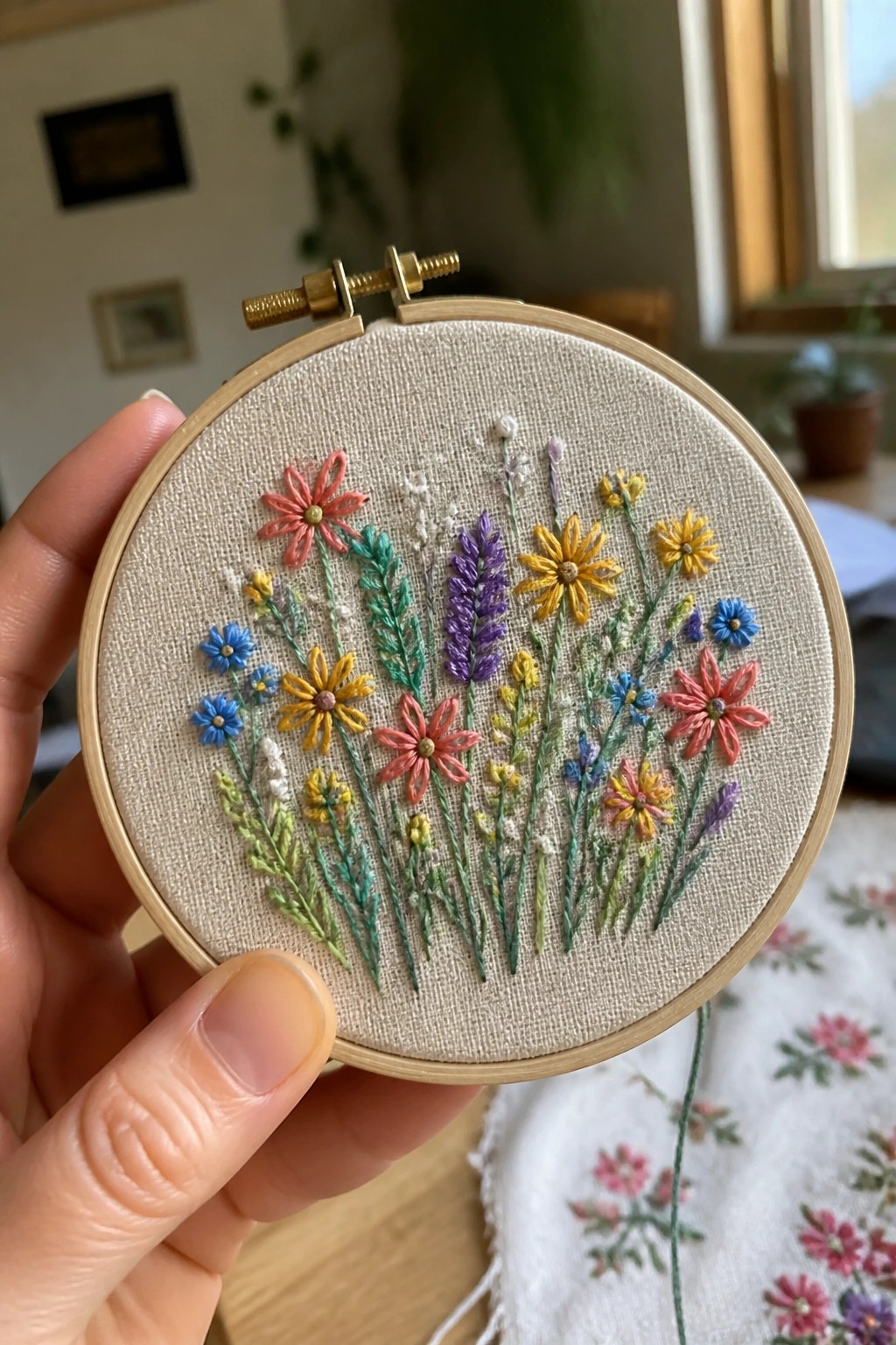 Embroidery hoop holding a cluster of multicolored wildflowers on beige fabric.