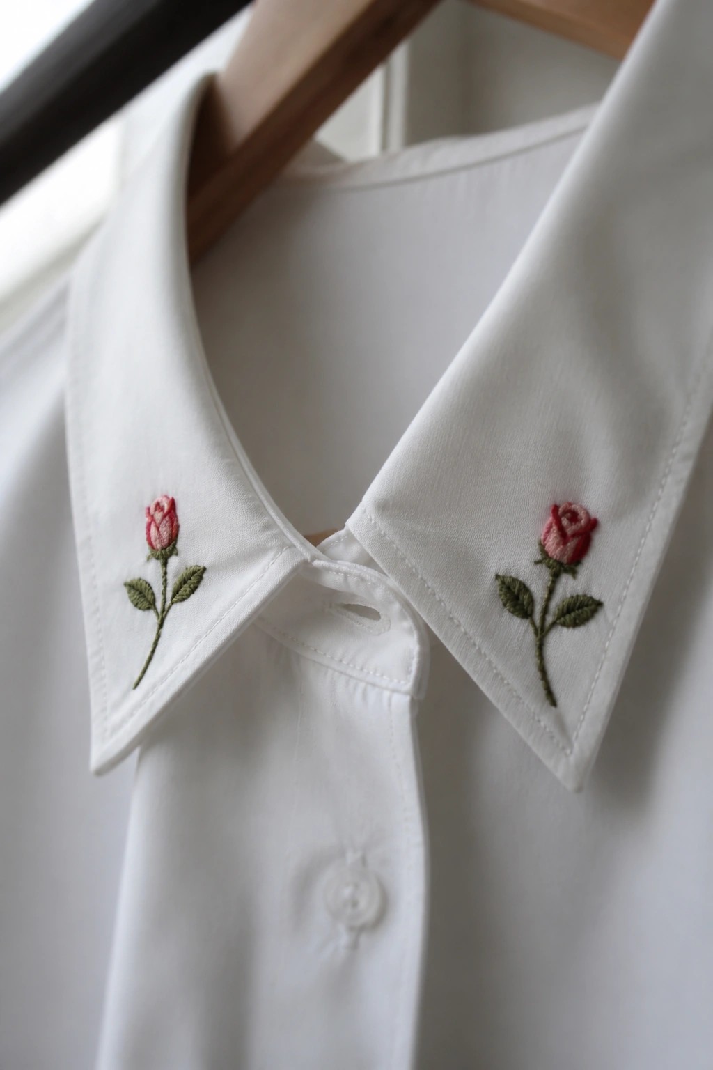 White collared shirt with pink rose embroidery on points, hung on wooden hanger