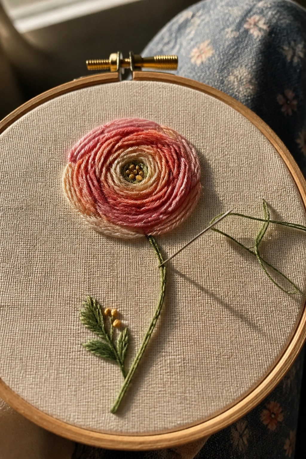 Embroidery hoop with a pink-orange spiral flower, green stem, small leafy sprig with yellow buds, and a needle with green thread on the fabric.