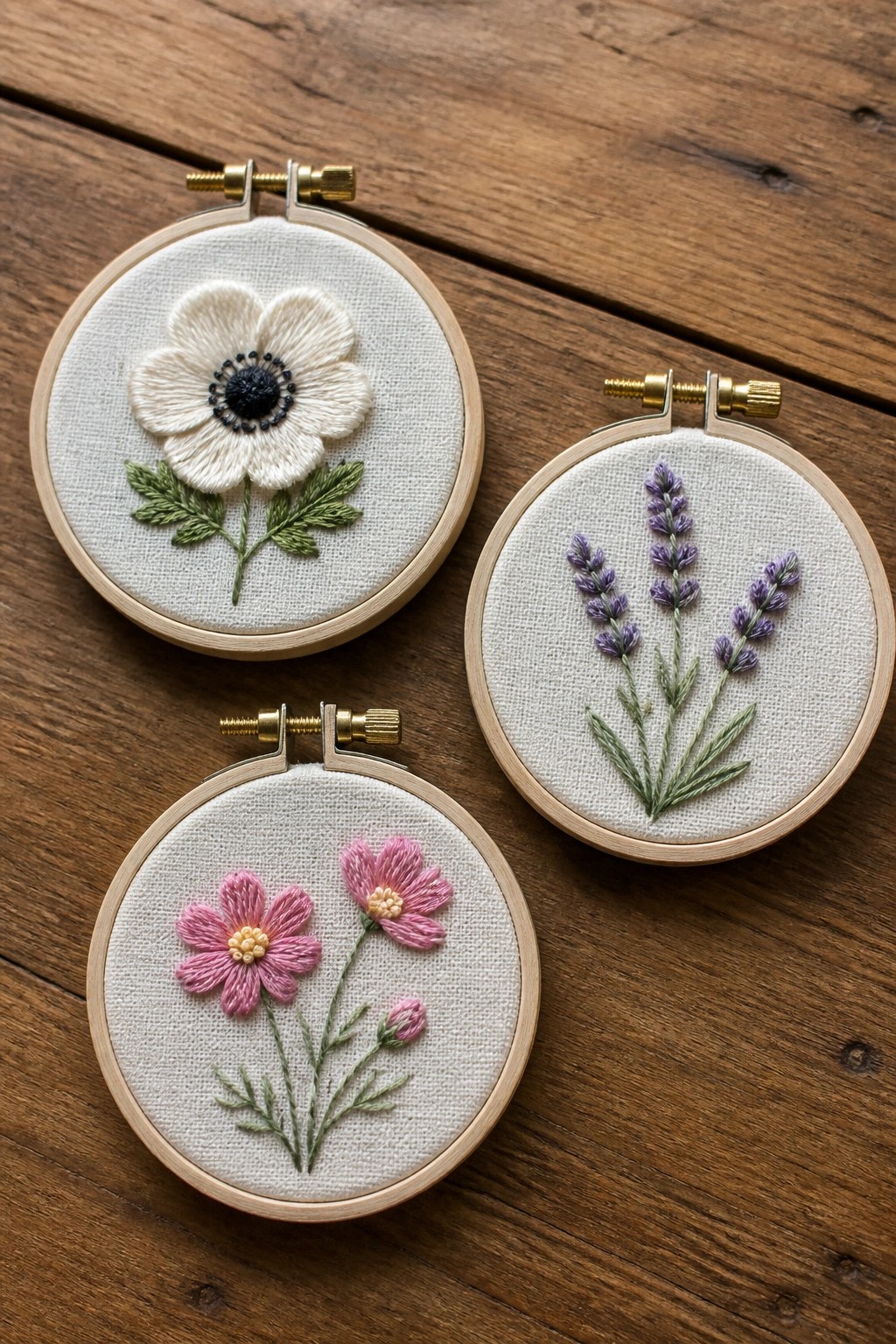Three wooden hoops with white, pink, and purple floral embroideries on fabric.