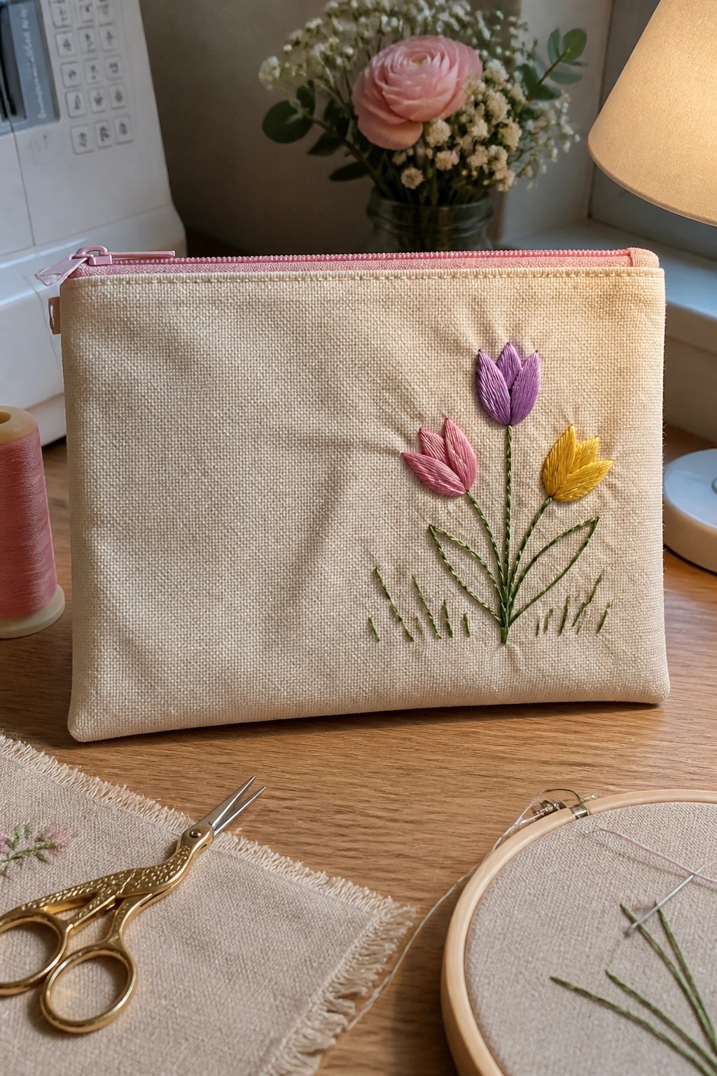A beige zippered pouch with three embroidered tulips in pink, purple, and yellow plus green grass sits on a wooden table next to scissors and an embroidery hoop.