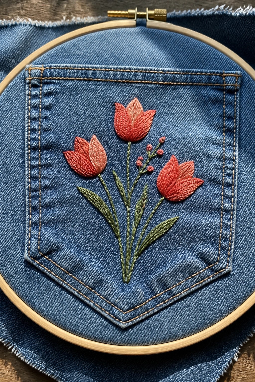 Red tulips embroidered on blue denim pocket in wooden hoop.
