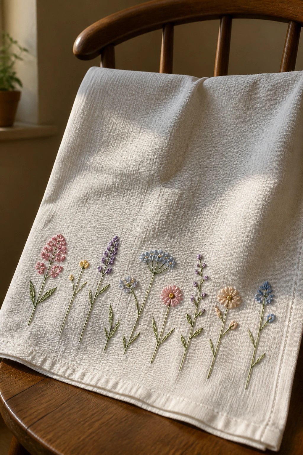 Embroidered white fabric with colorful wildflowers draped over wooden chair