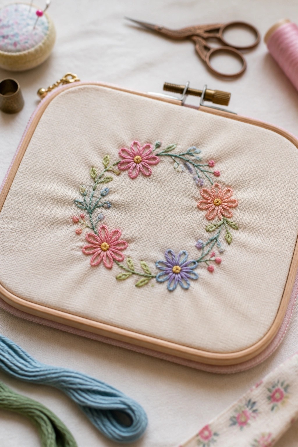 Embroidered floral wreath in pink and blue inside wooden hoop with scissors and thread nearby.