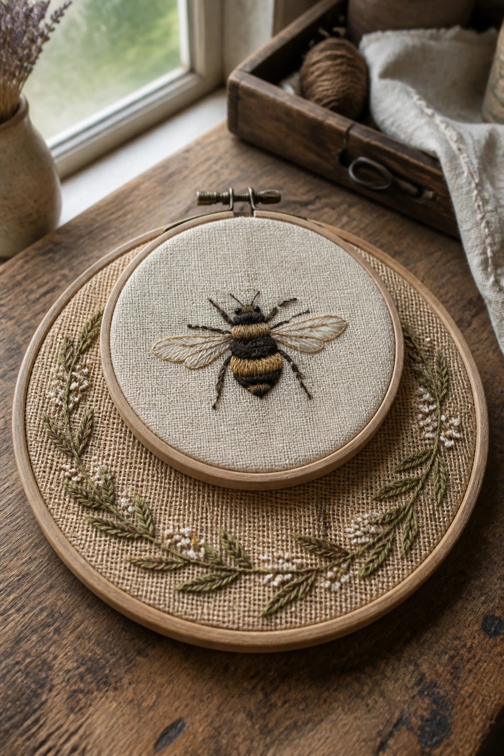 A wooden embroidery hoop holds a central linen circle with a detailed bee embroidery, placed over a larger burlap circle embroidered with leafy branches and small flowers, resting on a wooden table.
