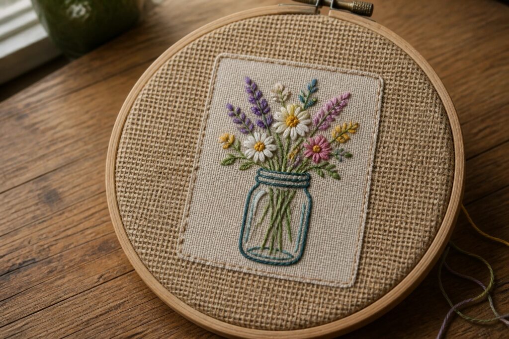 20 Rustic Embroidery Hoop Art Using Linen, Burlap, and Natural Wood Colorful embroidered wildflowers in a blue mason jar within wooden hoop