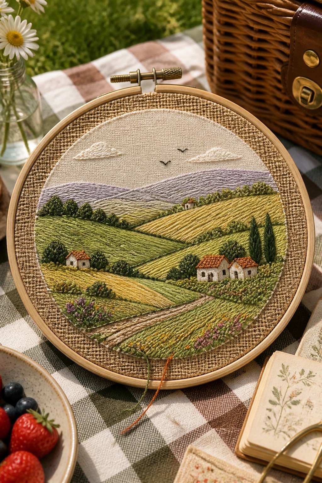 Embroidered countryside landscape in hoop on picnic blanket with fruits and basket
