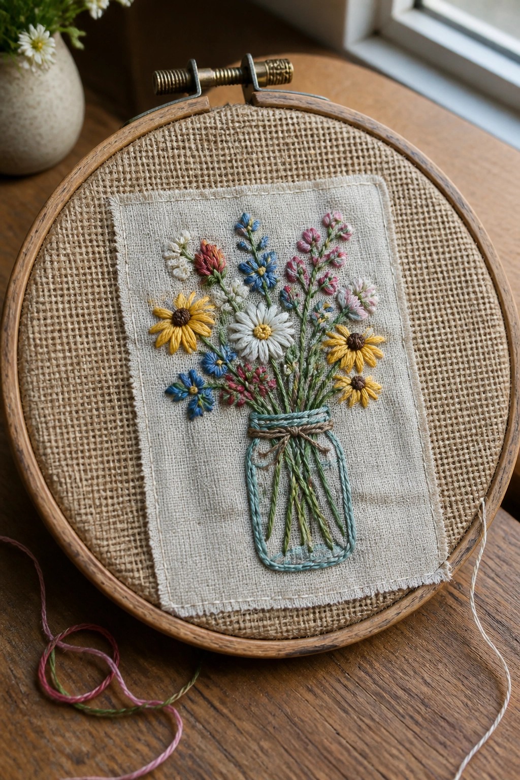 Colorful embroidered wildflowers in a blue mason jar within wooden hoop