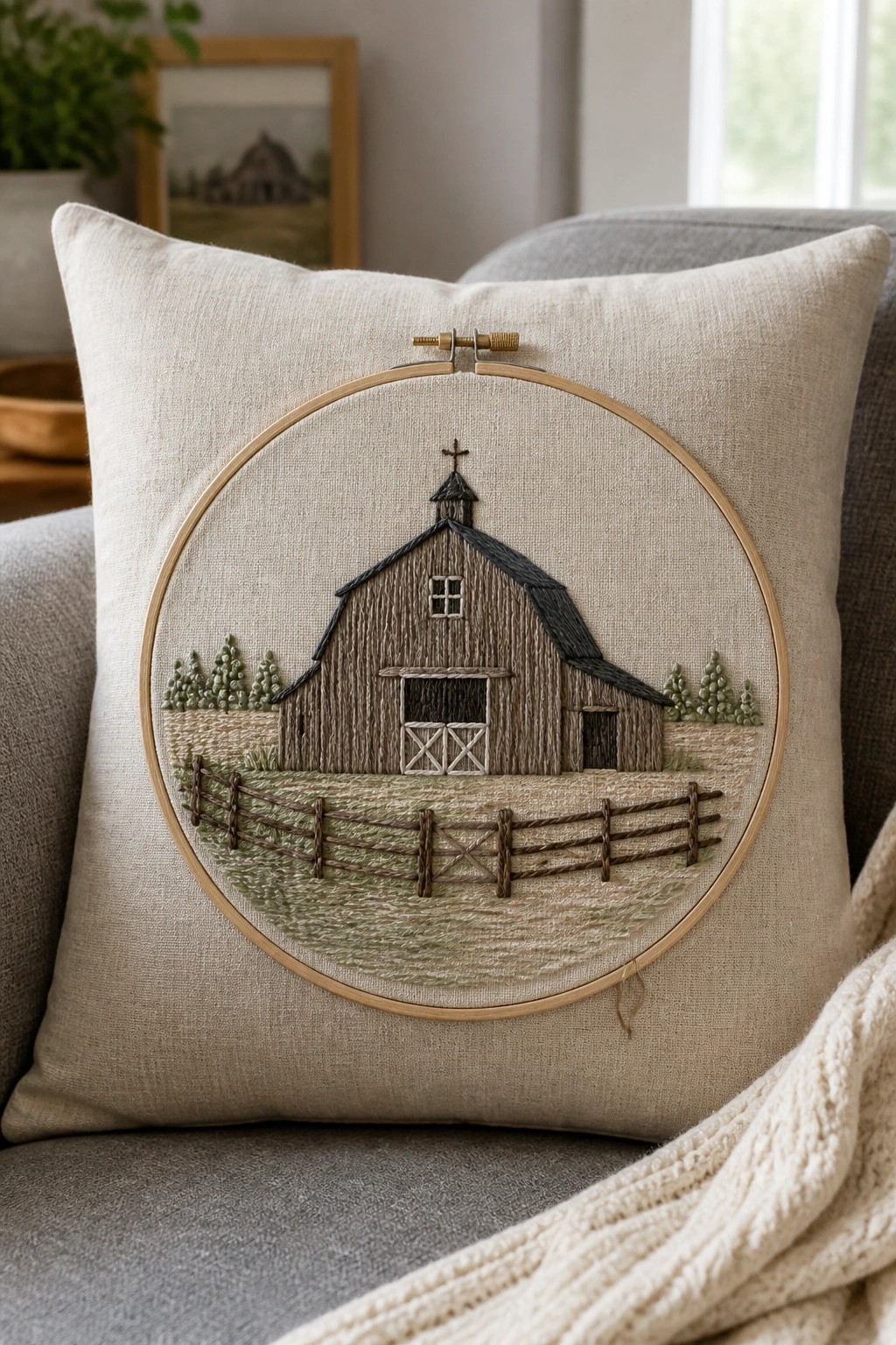 Embroidered barn with fence and trees in wooden hoop on beige pillow