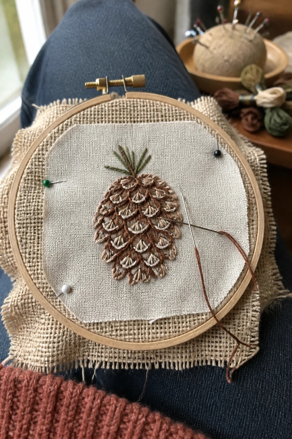 Brown pinecone embroidery in wooden hoop on beige fabric over blue denim and red knit.