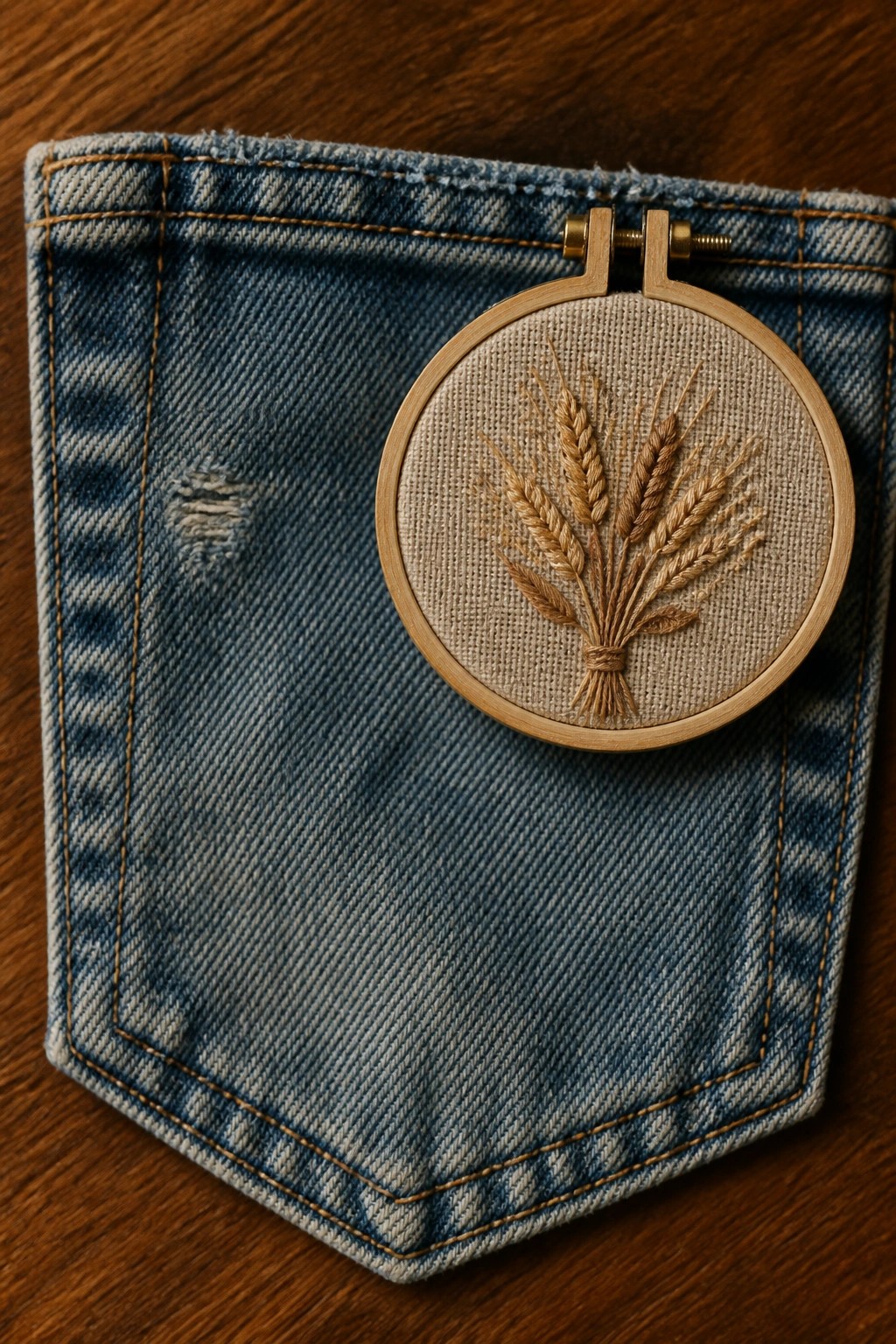 Embroidery hoop with wheat design on blue denim jean pocket.