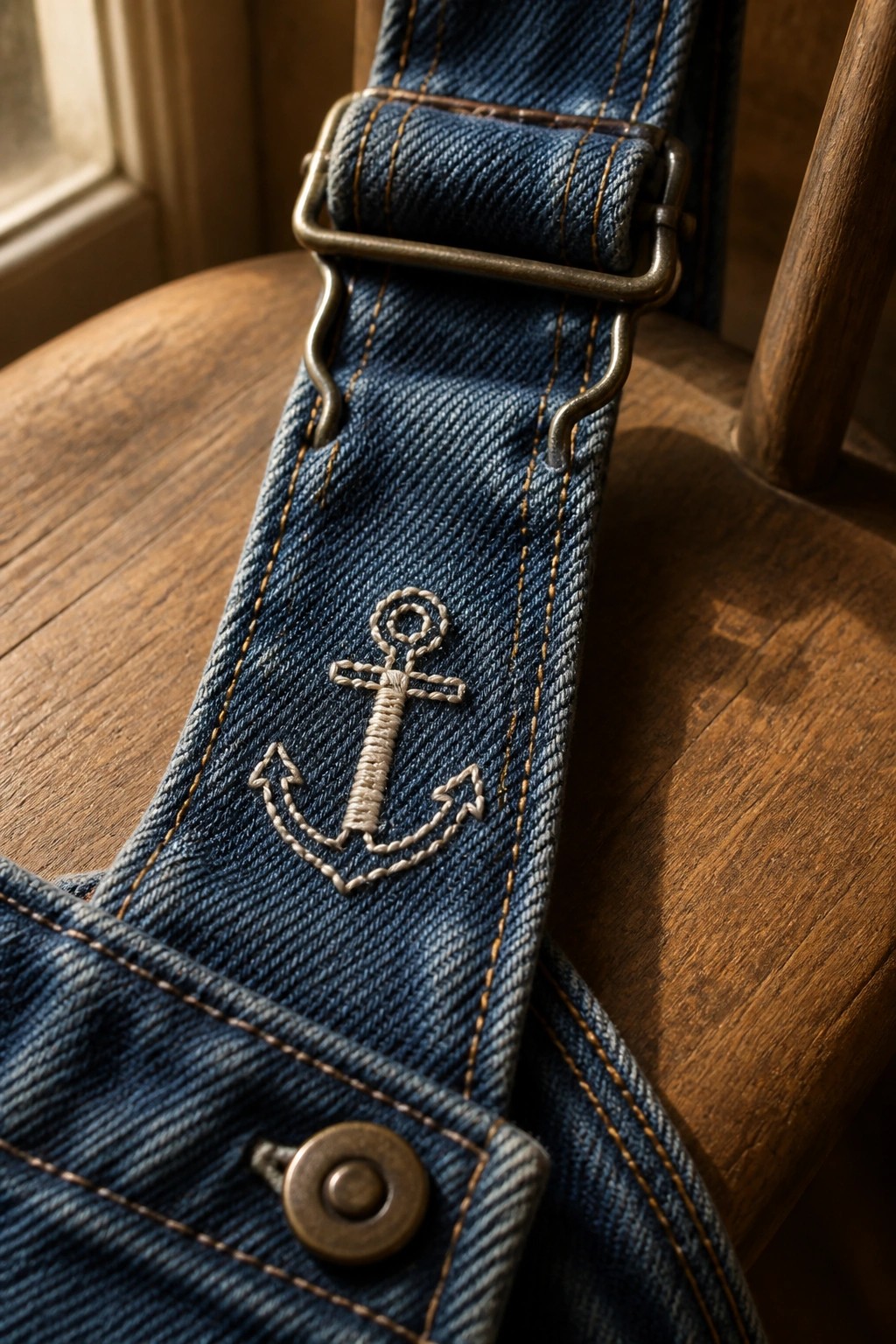 Blue denim overall strap with embroidered anchor, metal buckle on wooden chair