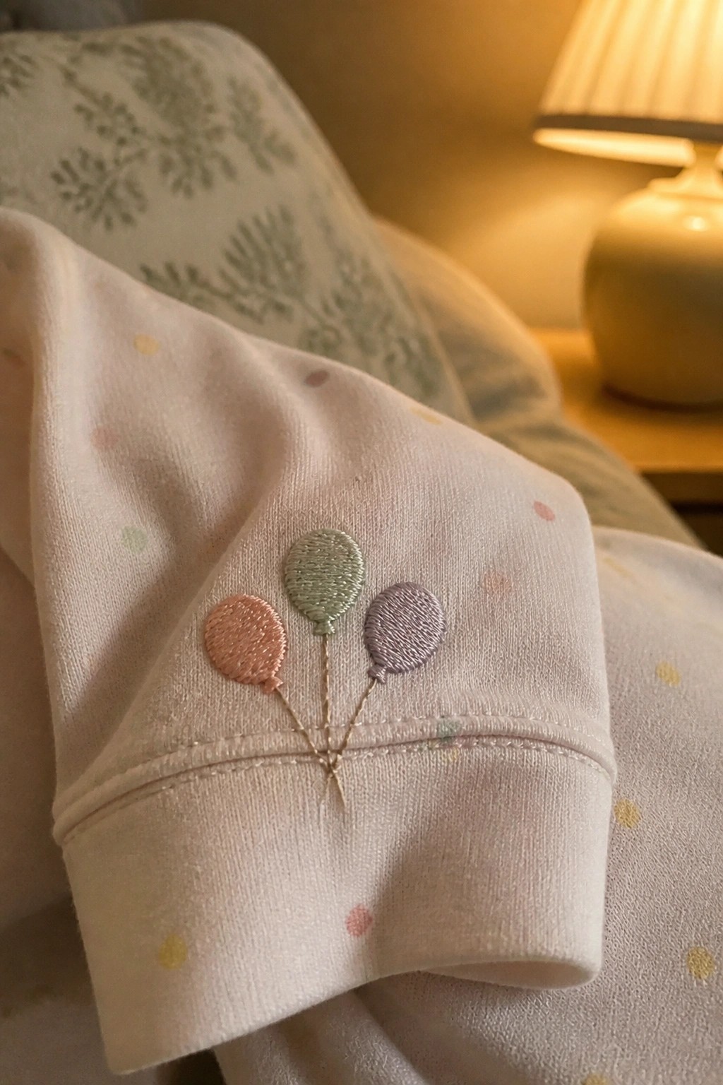 Light pink baby onesie cuff embroidered with peach, green, and purple balloons