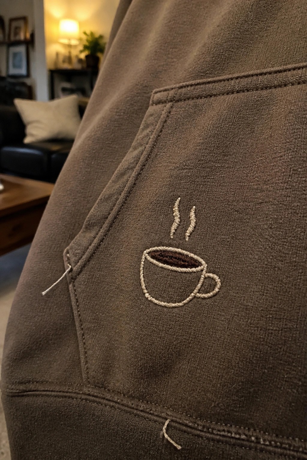 Brown hoodie pocket with embroidered steaming coffee cup in beige thread.