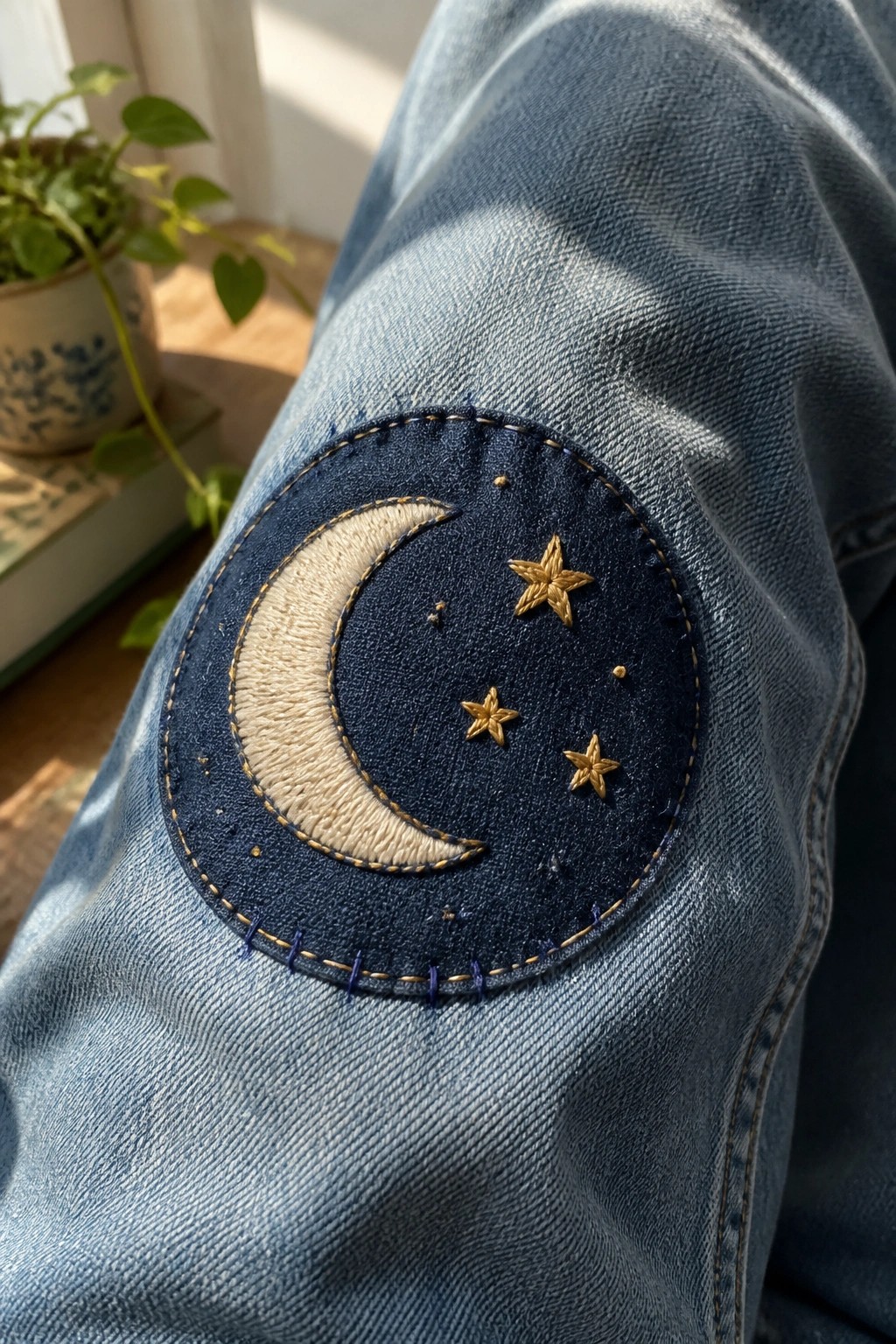Blue denim jeans with embroidered crescent moon and gold stars patch