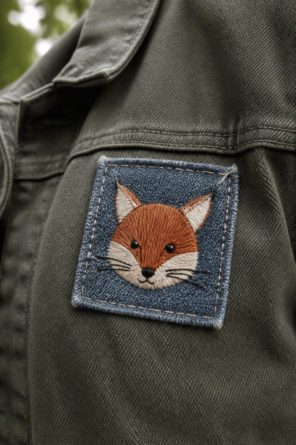 Embroidered fox on blue denim patch sewn to olive green jacket