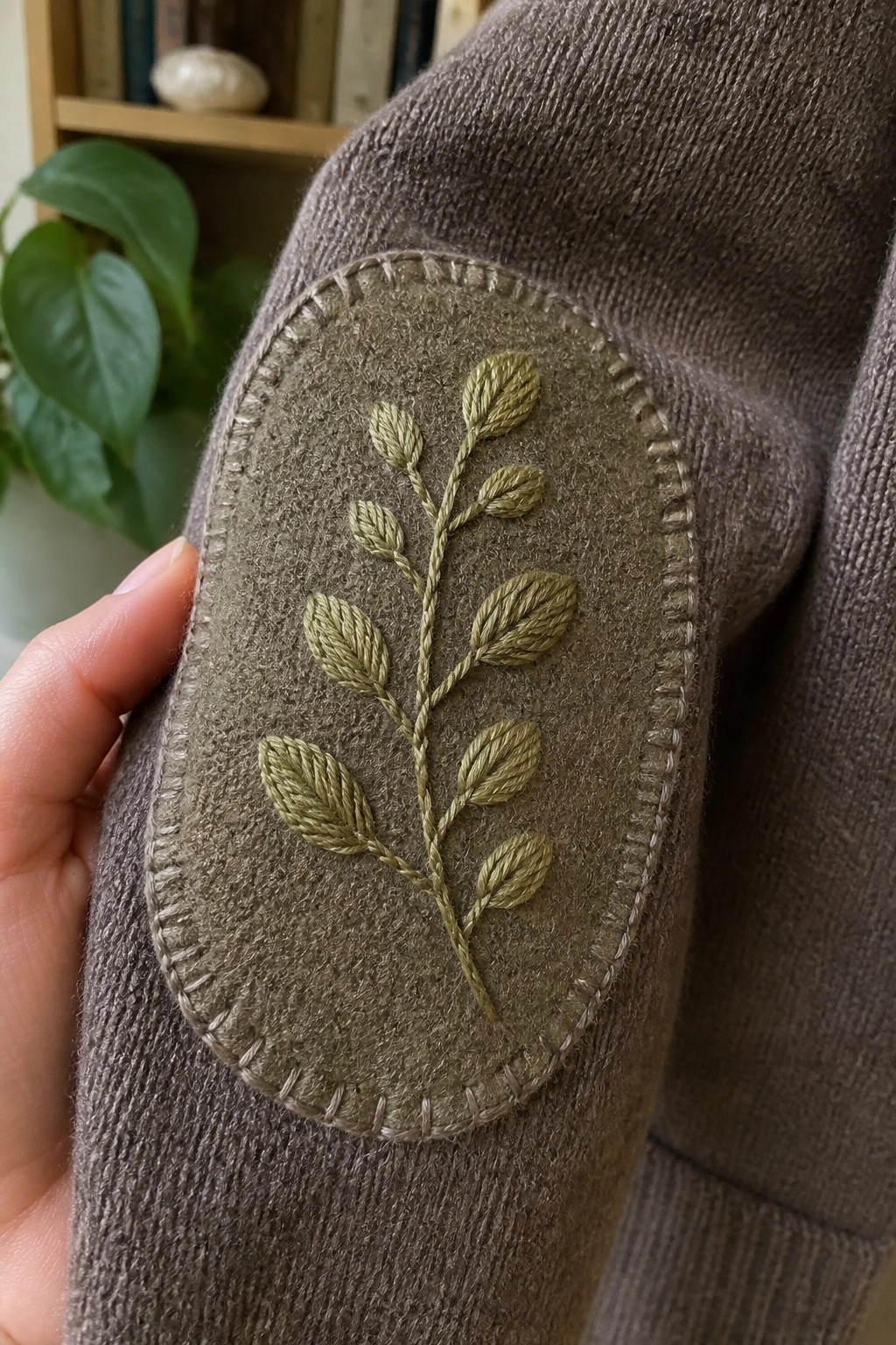 Oval green patch with embroidered leafy branch sewn onto the elbow of a brown sweater.