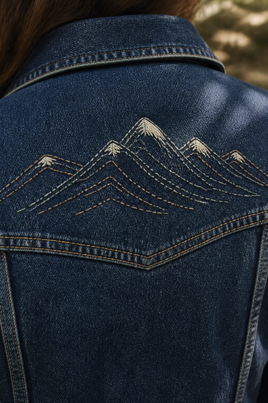 Blue denim jacket with embroidered mountain range across the back yoke.