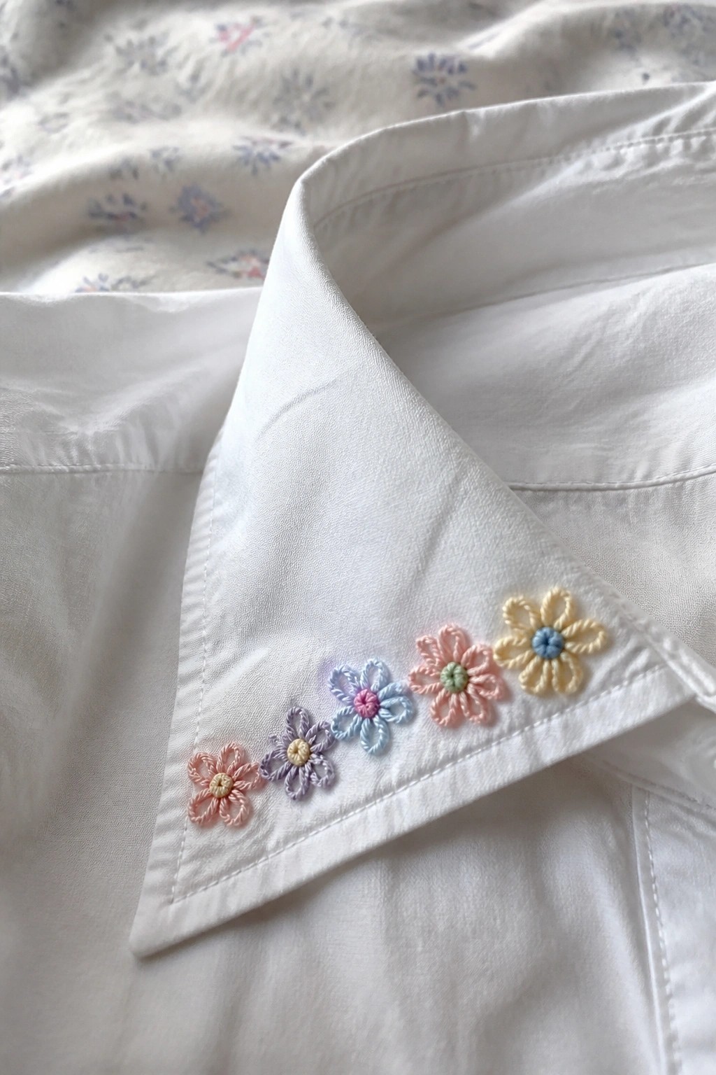 Close-up of a white shirt collar with five small pastel embroidered flowers lined along the edge.