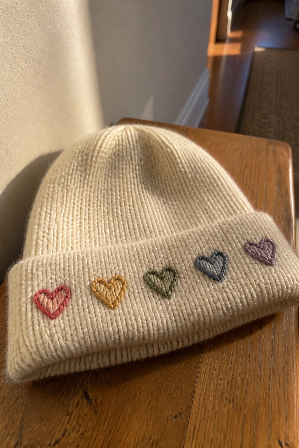 Cream knitted beanie with colorful embroidered hearts on wooden surface.