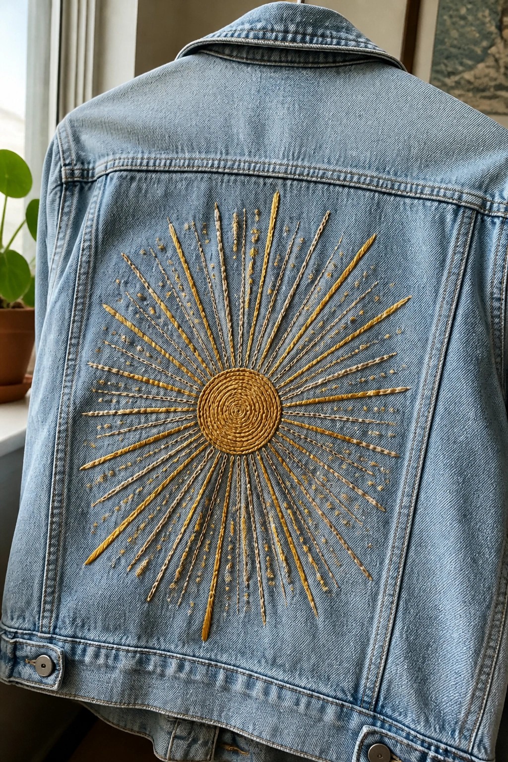 Light blue denim jacket back with golden sunburst embroidery and radiating rays