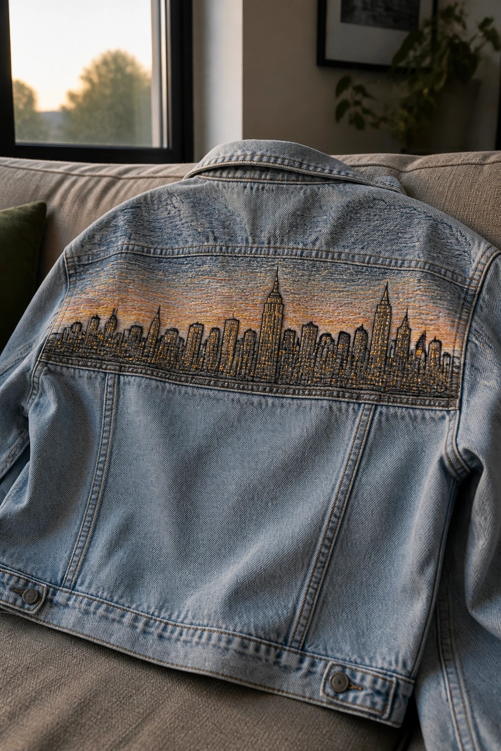 Blue denim jacket back embroidered with glowing city skyline at sunset