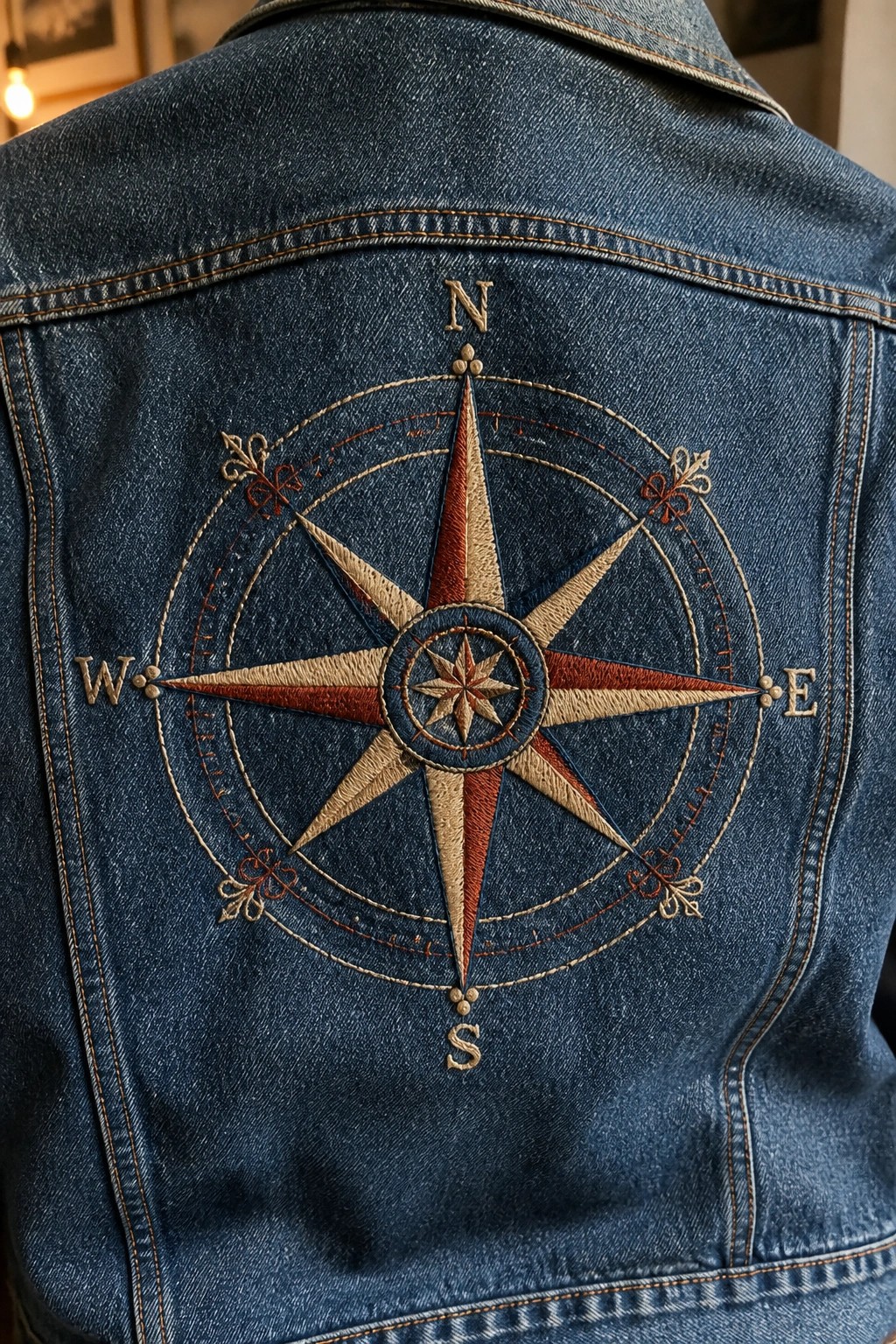 Blue denim jacket back with embroidered red and beige compass rose and directions.